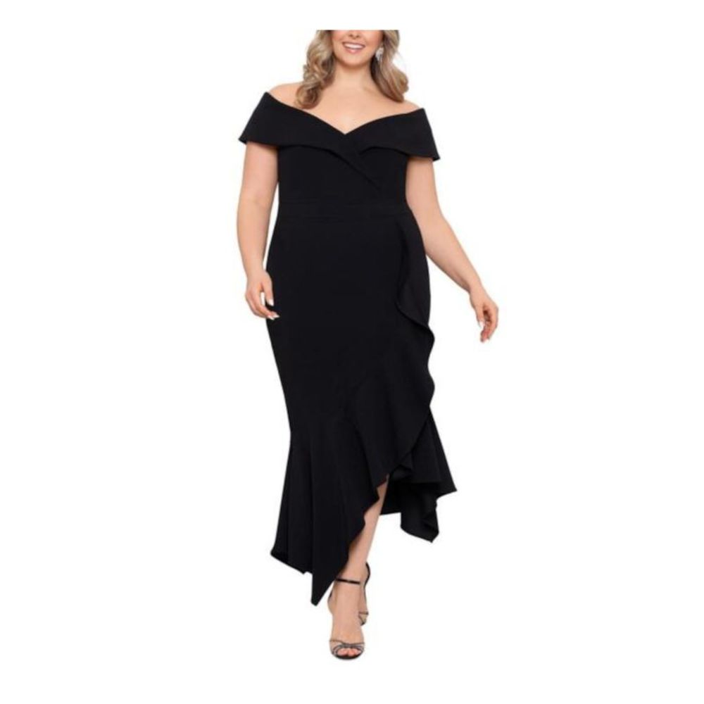 XSCAPE Womens Black Asymmetrical Hem Lined Flutter Sleeve Maxi Dress Plus 20W